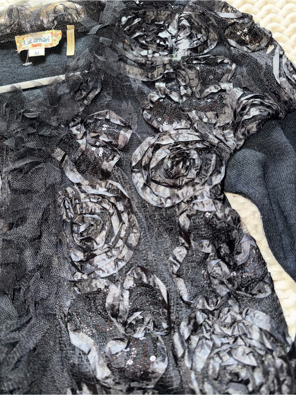 Lulumari Black Rosette Appliqué Lace Sequin Cardigan Sweater whimsigoth Size M - Picture 5 of 6
